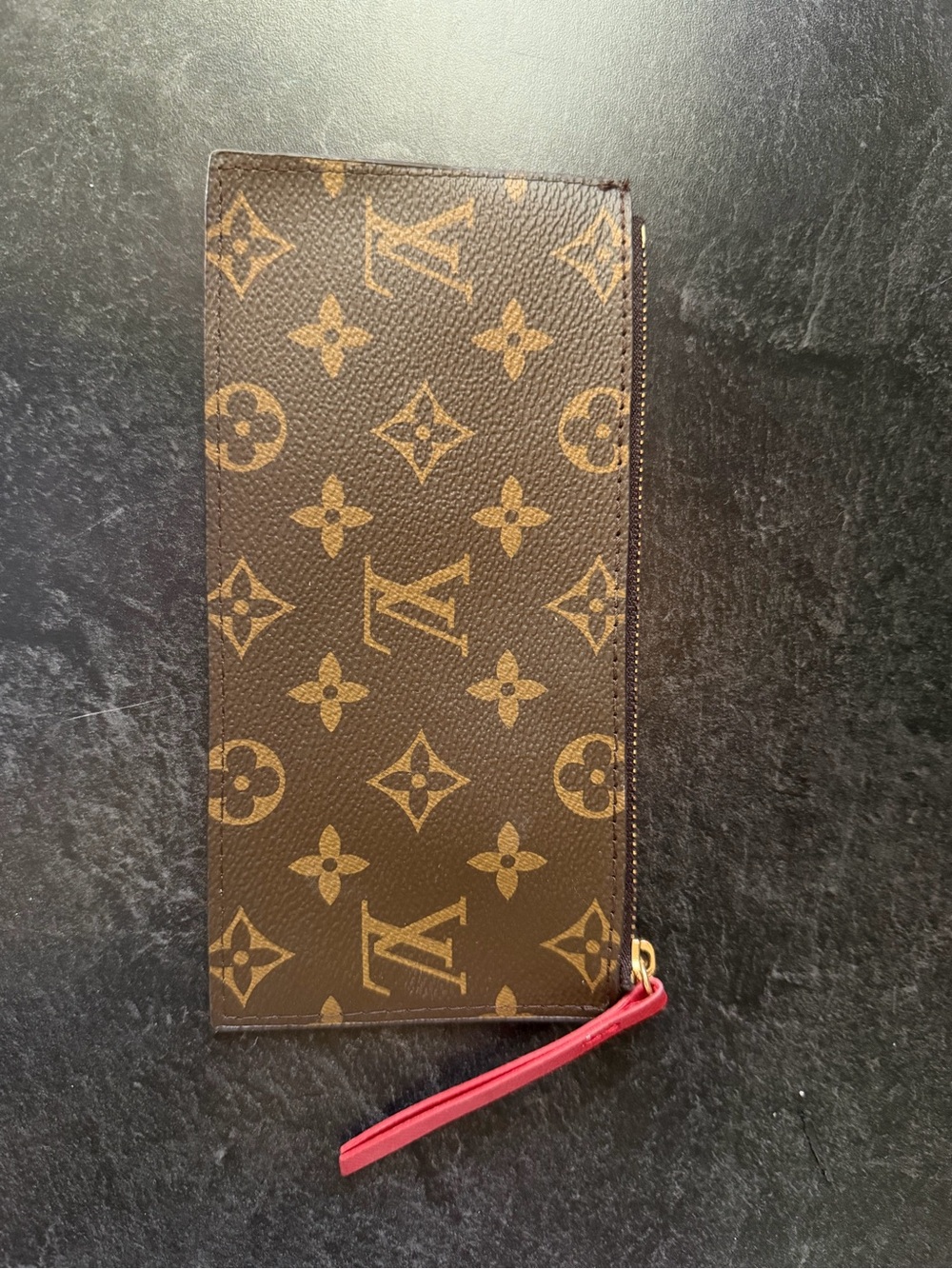 Brown Monogram Zip Pouch with Red Pull